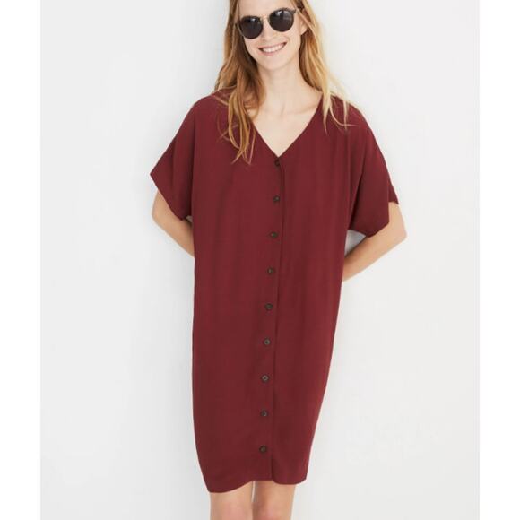 Madewell Rich Burgundy Button Front Easy Dress Shirt Dress V-Neck XXS  Oversized